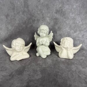 Vtg Porcelain Cherub Angel Figurines Set of 3 White Glazed Ceramic MCM Lot 3 EUC